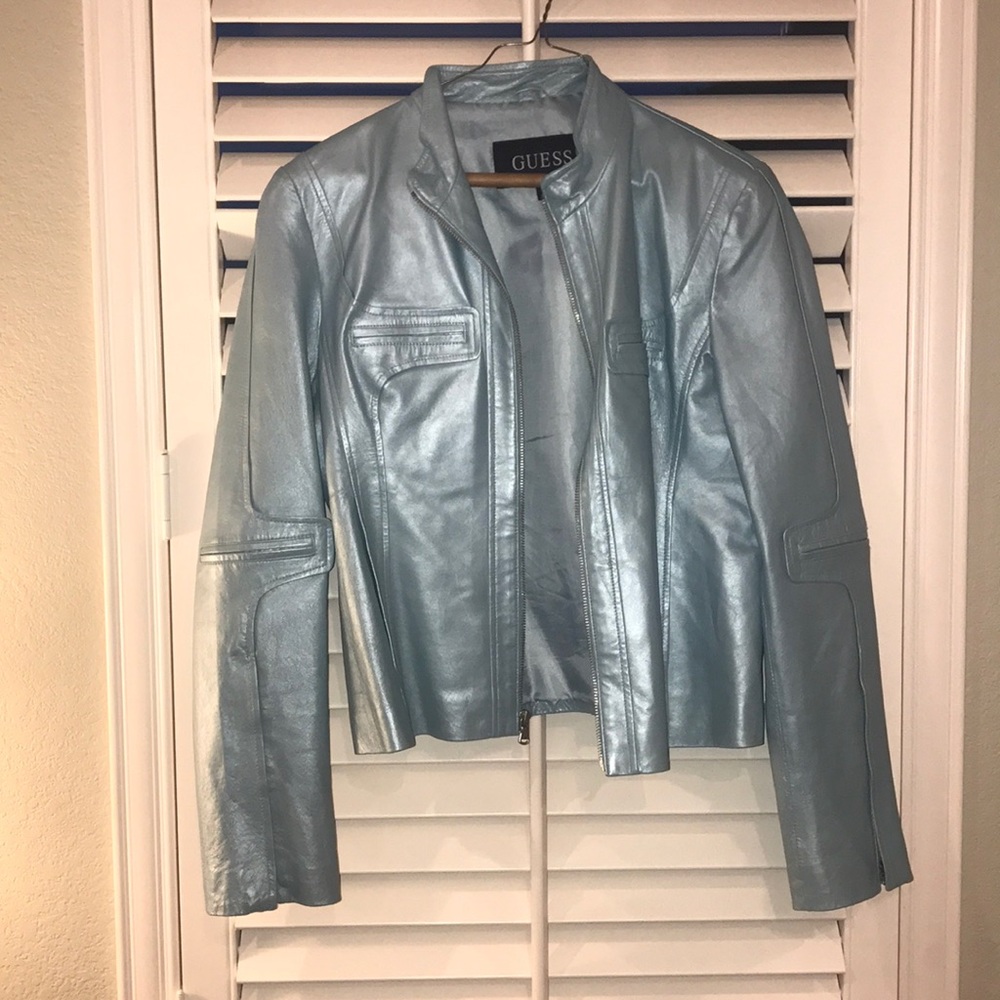 Metalish Blue Guess Leather Jacket